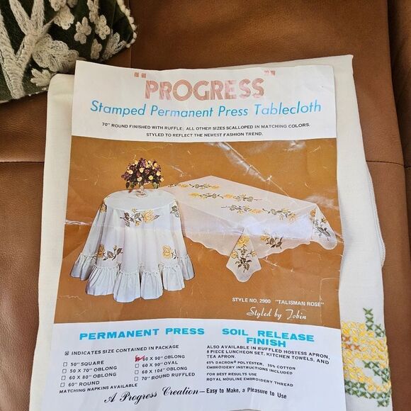 Vintage "Progress"  Cross Stiched Yellow Tailsmanrose 60 X 90 Oblong Tablecloth, - Picture 2 of 4